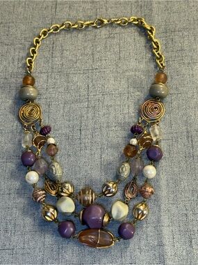 Vintage Triple Strand Purple & Grey Bib Necklace - Molded Buddha & Spiral Beads